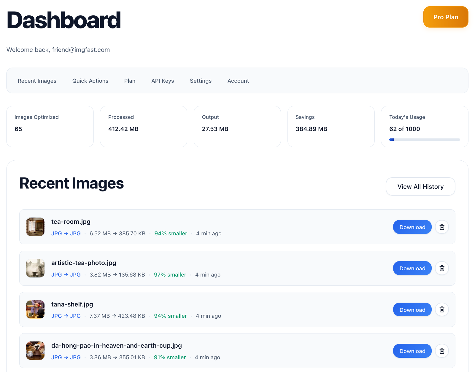 Dashboard with conversion history and thumbnails