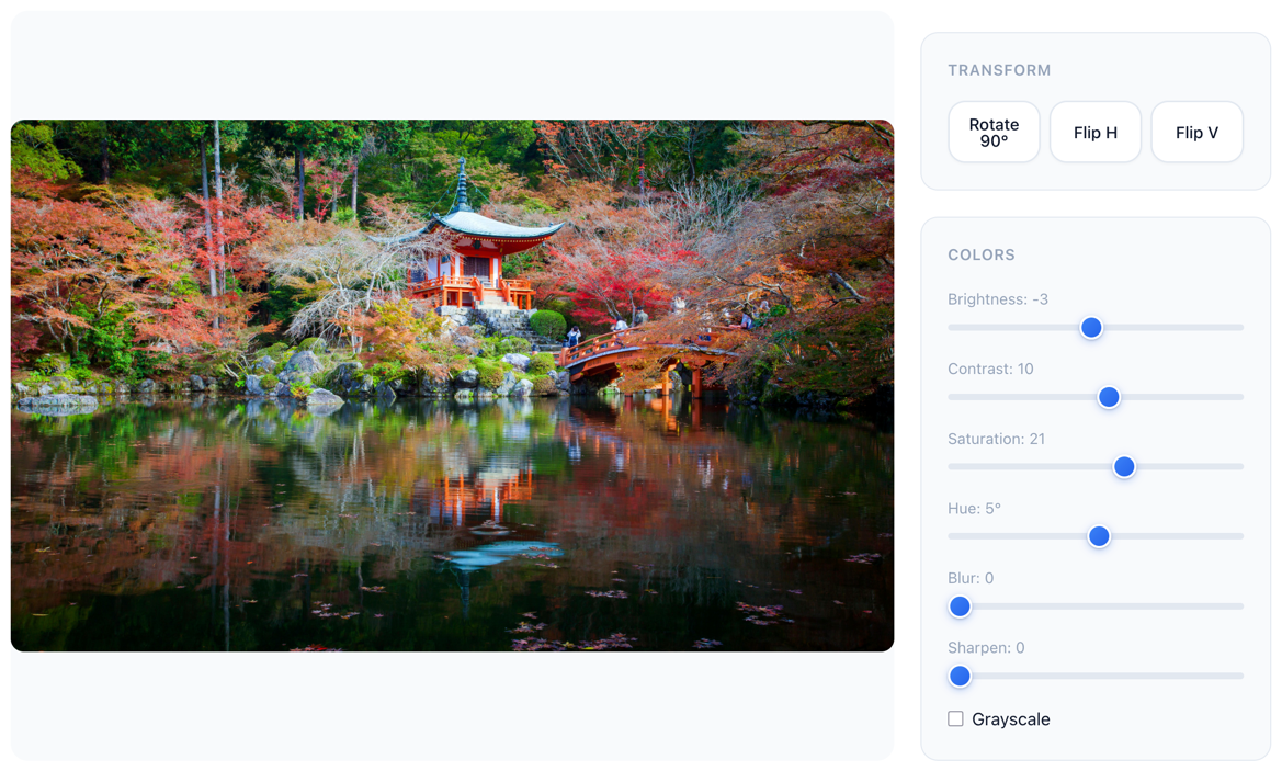 Advanced image editor with hue, blur, and sharpen controls