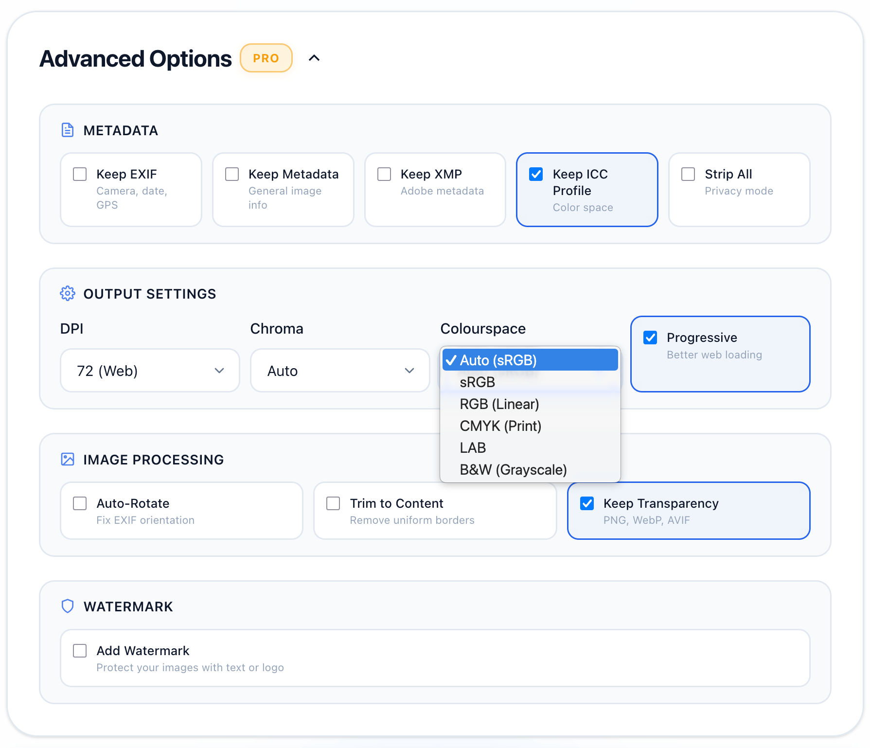 Colourspace dropdown in advanced options